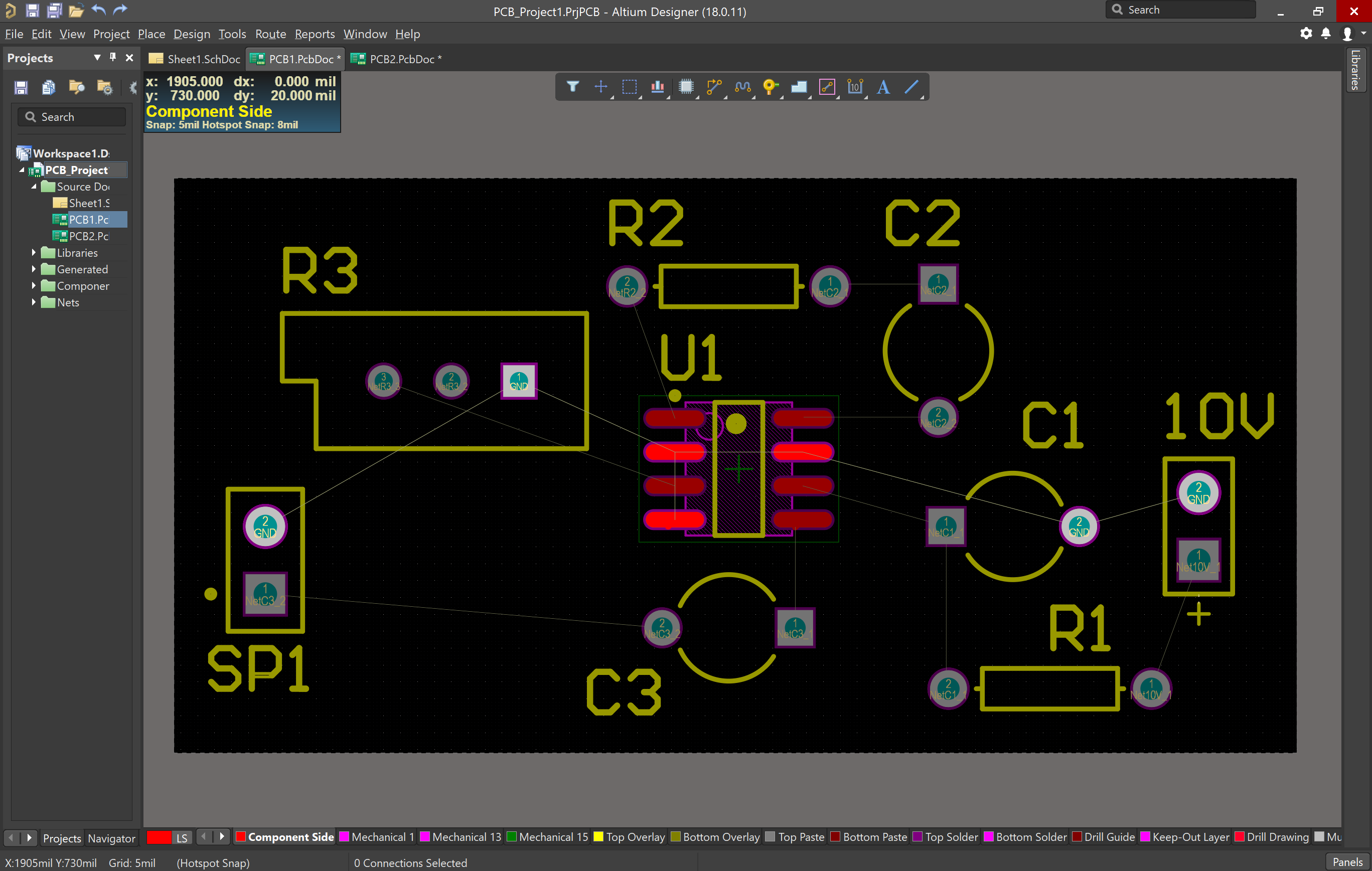 Placed components on PCB document in Altium Designer