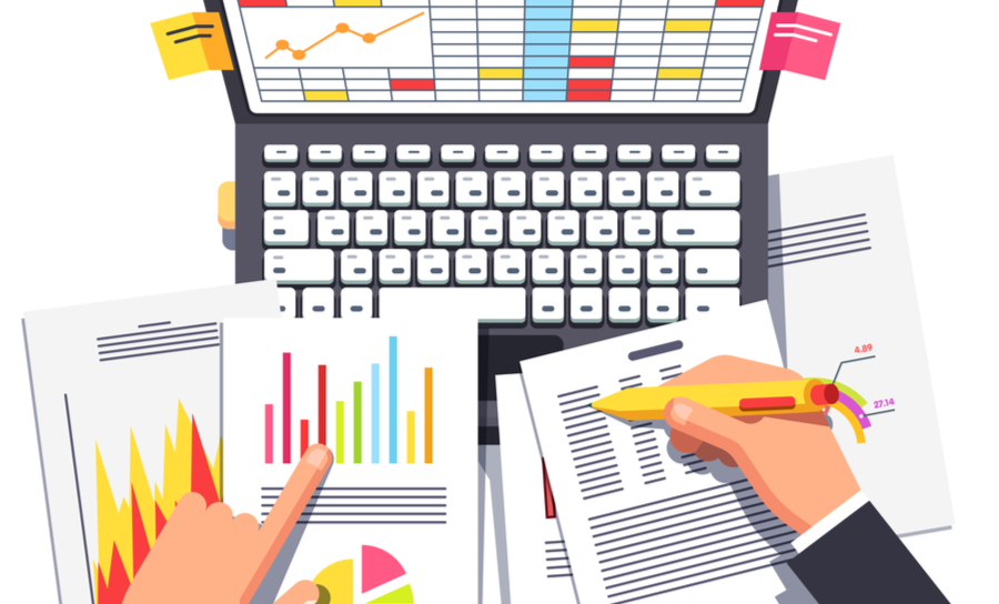 Graphs and datasheet vector in front of computer