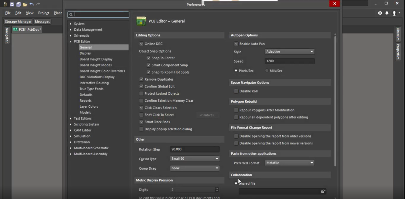 Screenshot of Altium  general placement preferences