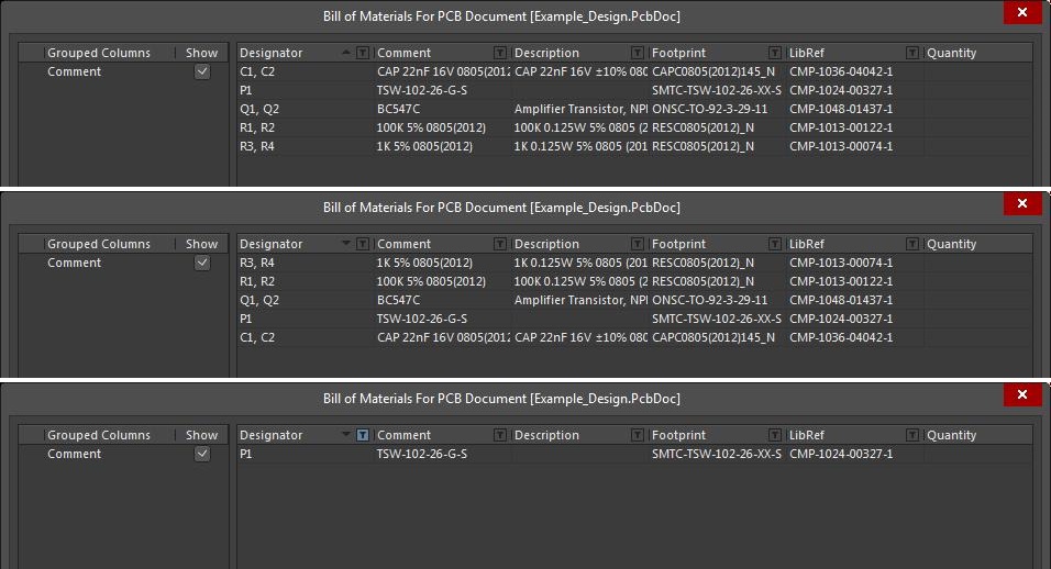 部品表の部品に対するAltium Designer 18のBOMメニューオプションのスクリーンショット