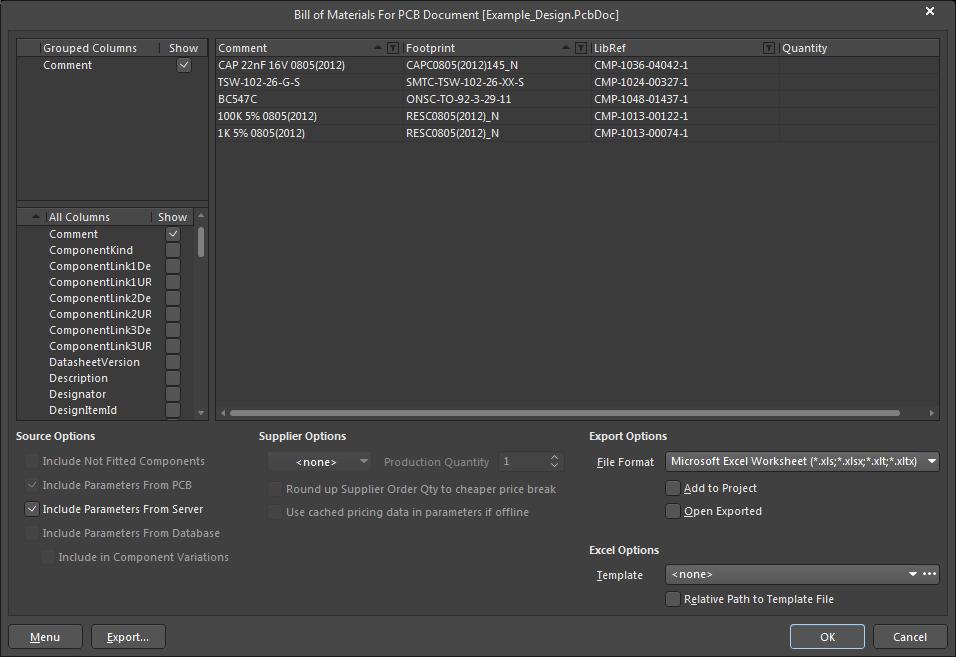 部品表の部品の [Description] と [Designator] が非表示の、Altium Designer 18のBOMレポートのスクリーンショット