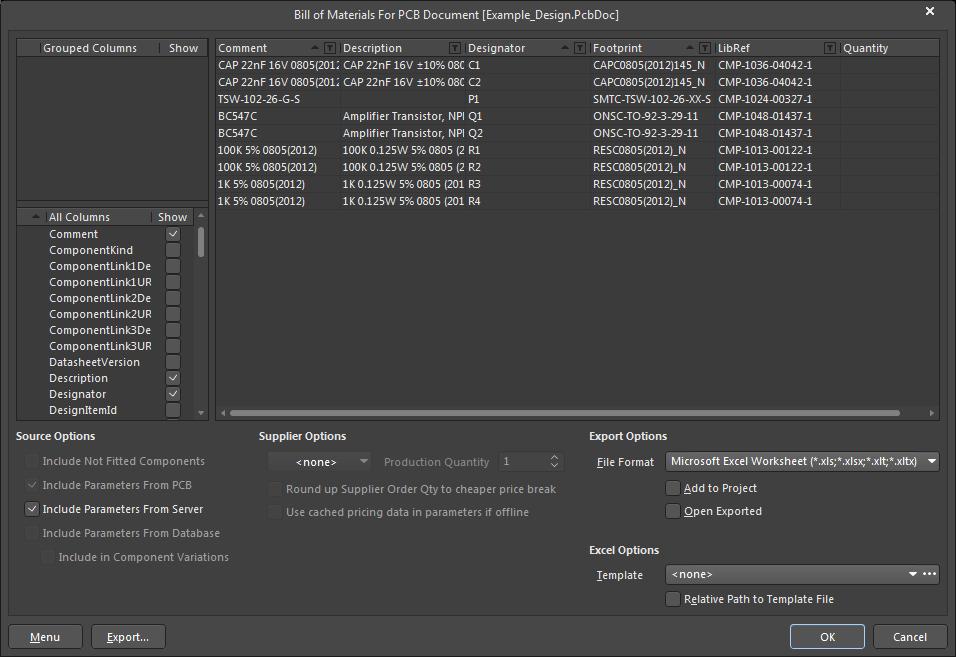 Altium Designer 18を使った部品表の最適化で、[Grouped Columns] が定義されていないBOMレポートのスクリーンショット