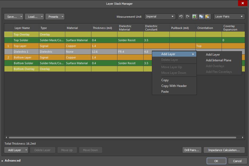 Altium Designer 18で回路図からPCBを作成する際のレイヤ構成マネージャーのスクリーンショット