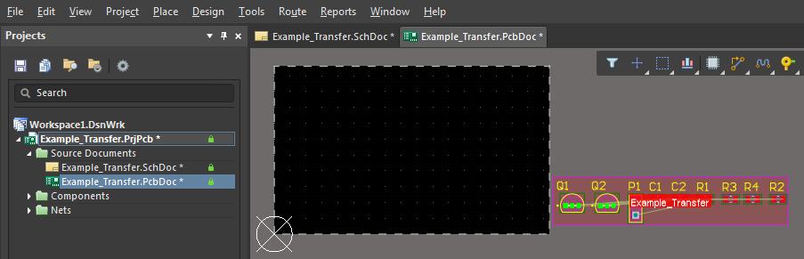 Altium Designer screenshot of data transfer and components in create PCB from schematic