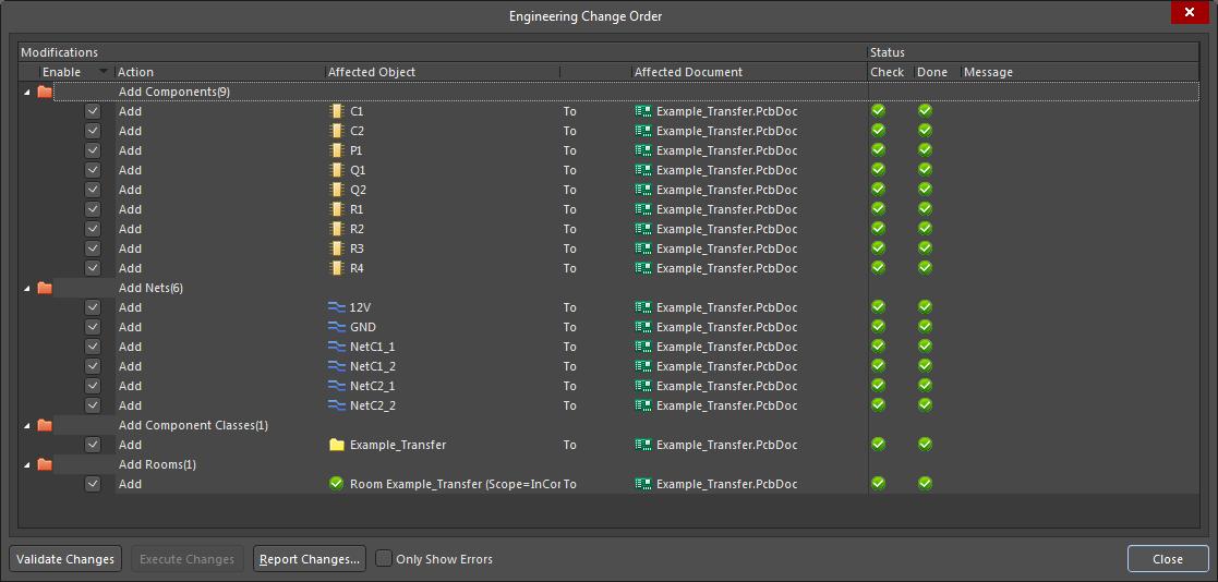 Altium Designer 18で回路図からPCBを作成する際の、完了した [Engineering Change Order] ダイアログのスクリーンショット