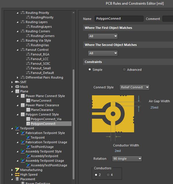 Screenshot of AD18 polygon connection rules in polygon pours for copper regions