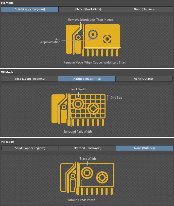 Screenshot of AD18 fill modes in polygon pours for copper regions