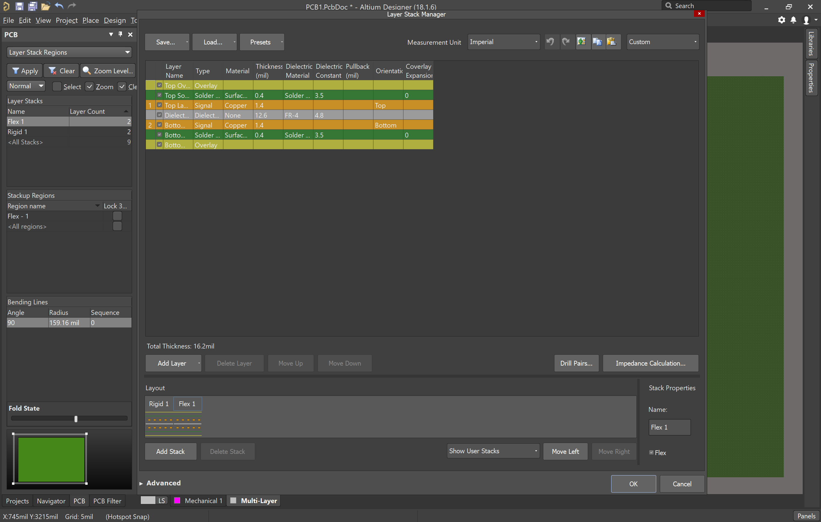 Screenshot of layer stackup design in Altium 