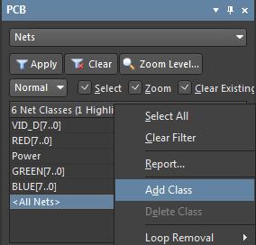 Screenshot of Altium Designer add net class in minimum trace spacing