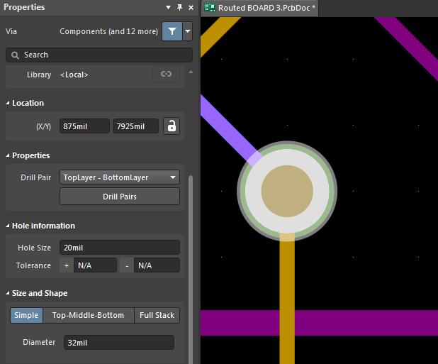 AD18 screenshot of via properties in blind and buried vias in Altium