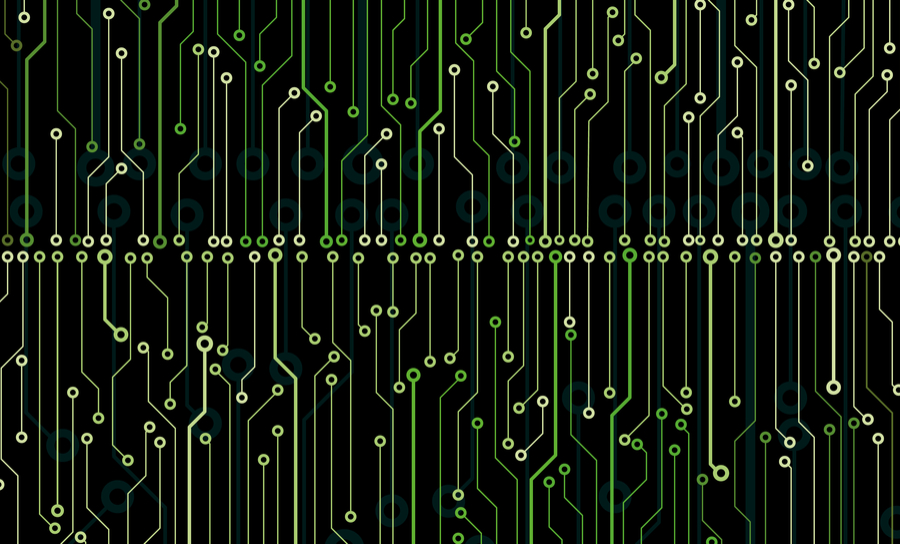 PCB traces and vias on black background