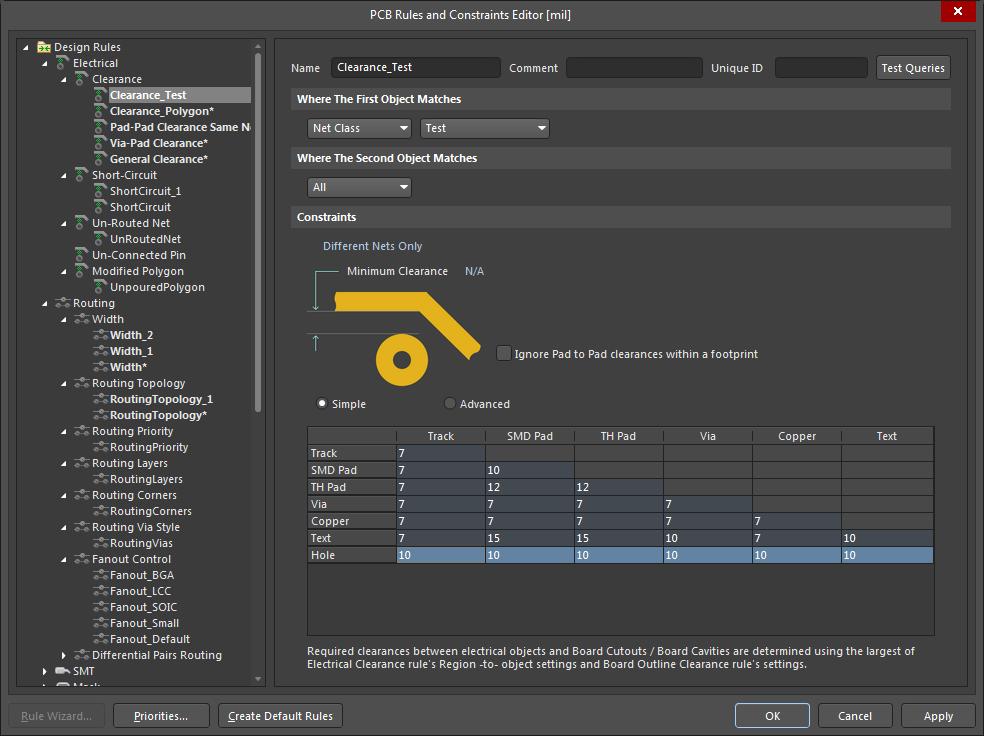 Screenshot of AD18 clearance rules for net class in rules-driven design