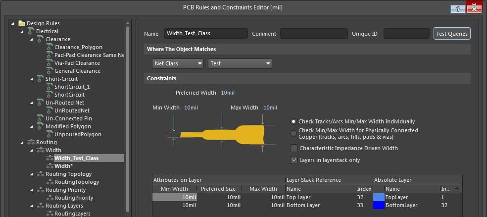 Screenshot of AD18 width rules for net class in rules-driven design