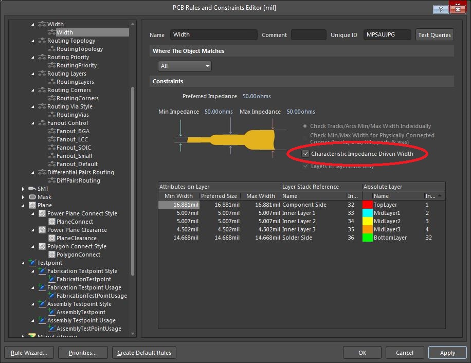 Screenshot of AD18 impedance driven width rule in rules-driven design