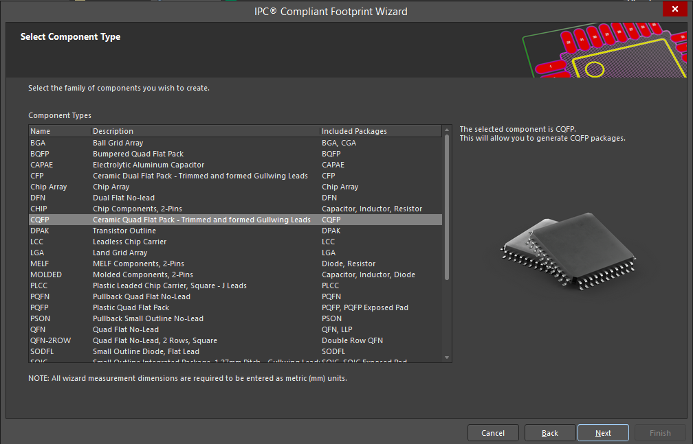 Screenshot of the IPC Compliant Footprint Wizard in Altium 