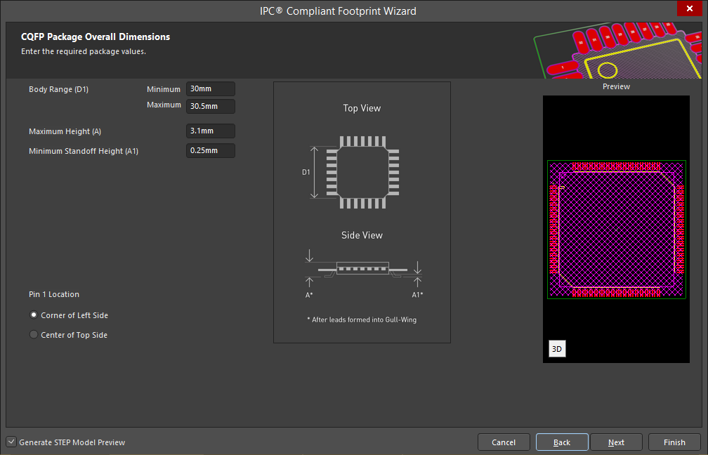 Screenshot of the IPC Compliant Footprint Wizard in Altium 