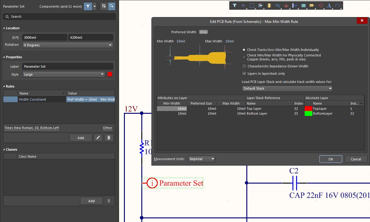 Screenshot of AD18 parameter set width rule in net connection order