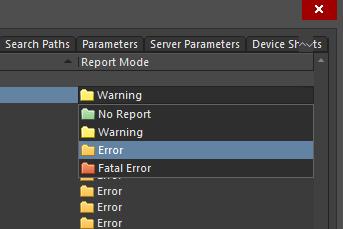 Screenshot of AD18 project options error reporting mode in net connection order
