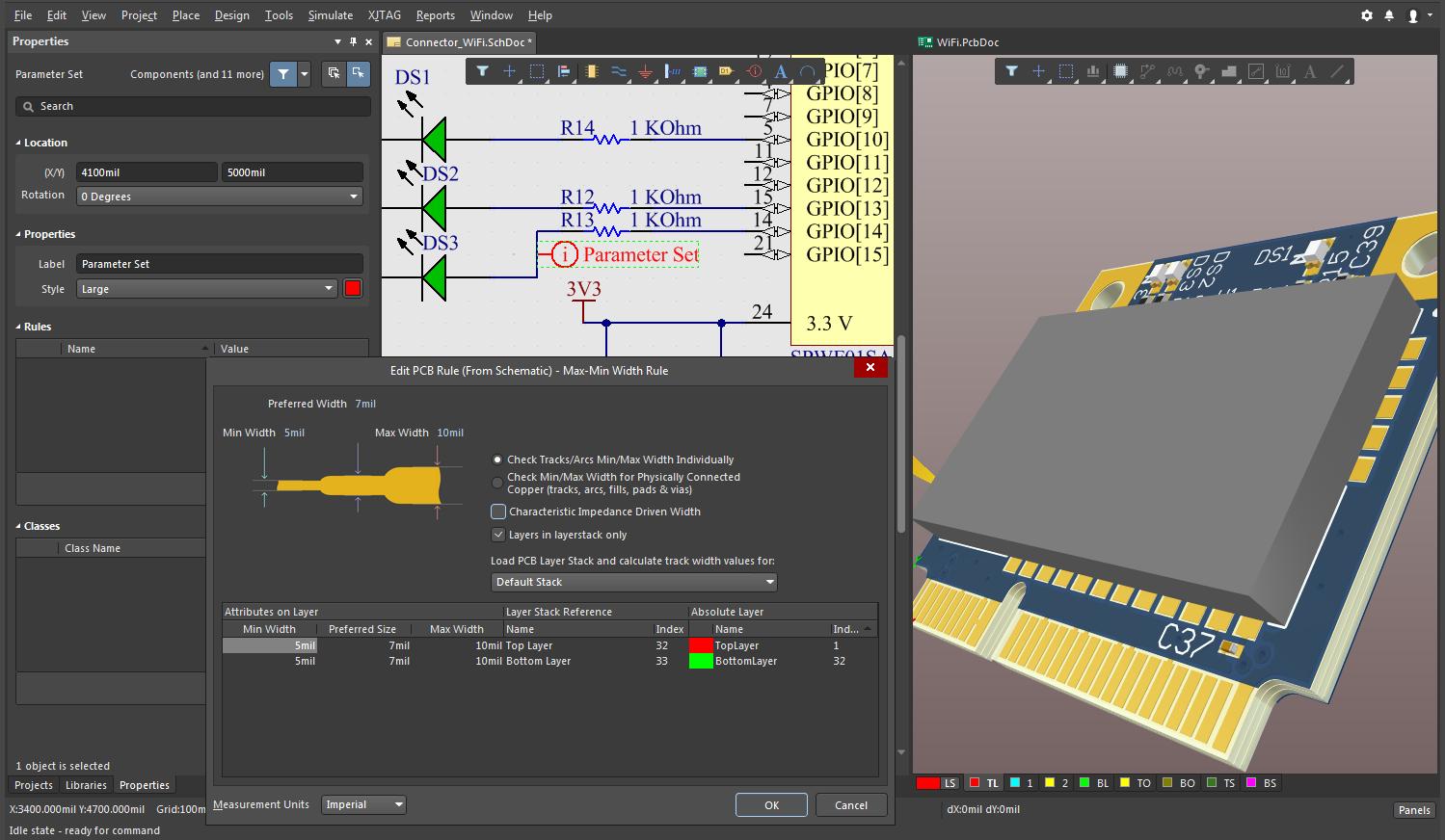 Screenshot of AD18 schematic, rules, and 3D layout in net connection order