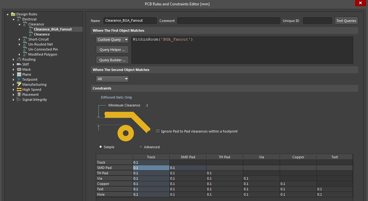 Screenshot of AD19 clearance rules in fanout a large BGA