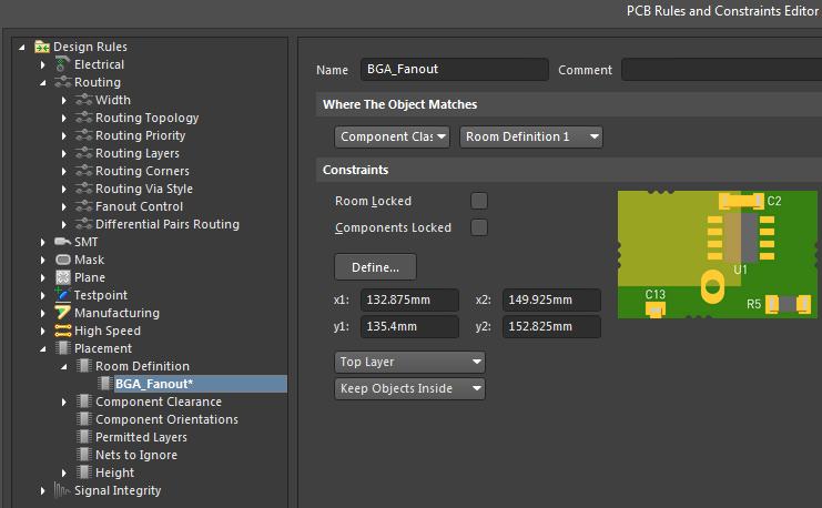 Screenshot of AD19 room rules in fanout a large BGA