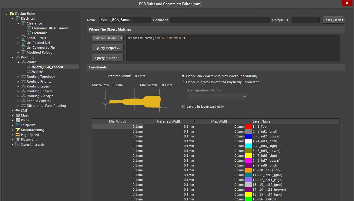 Screenshot of AD19 width rules in fanout a large BGA