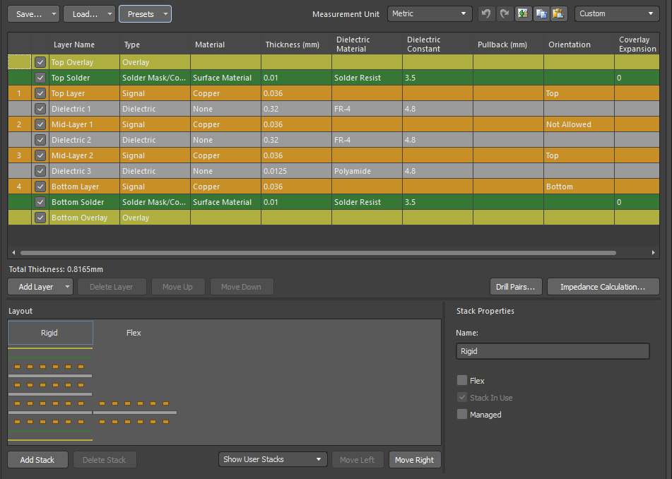 Altium’s Layer Stack Manager allows easy editing in one interface