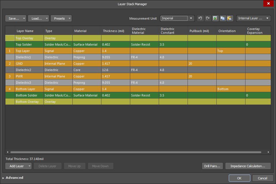 Screenshot vom PCB-Lagenaufbau mit Altium