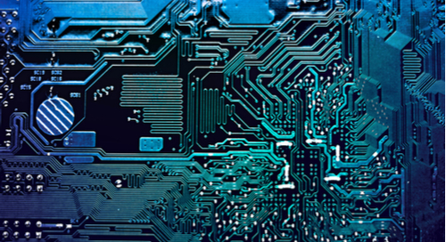 Traces routed on a PCB with blue solder mask