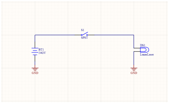 A schematic with a battery, a switch, and a lamp, using ground ports