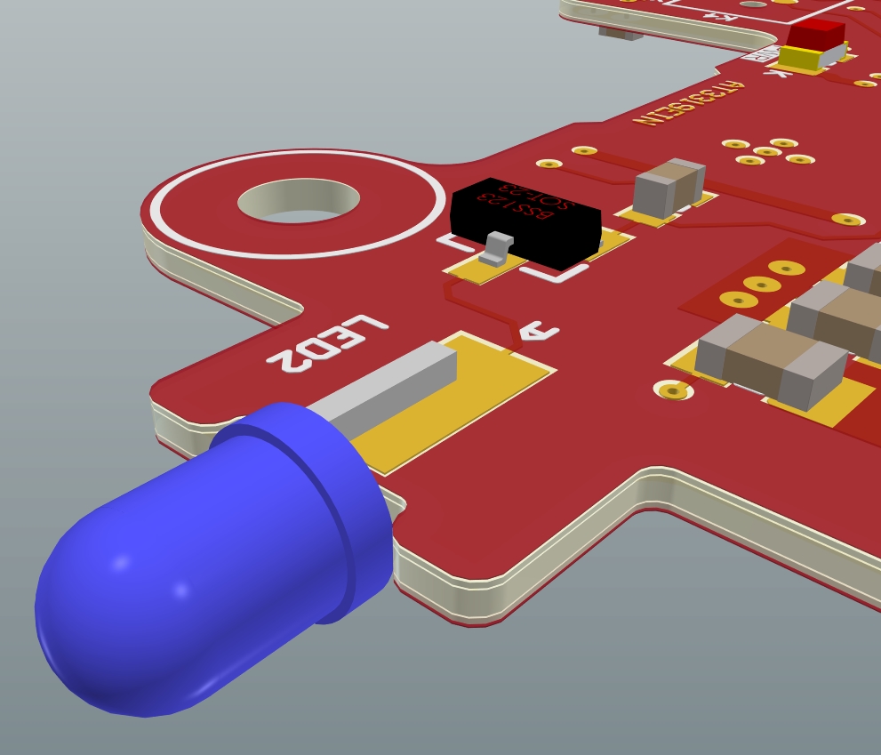 An LED placed sideways on a PCB with one pad on each of the top and bottom layers in 3D view of Altium Designer