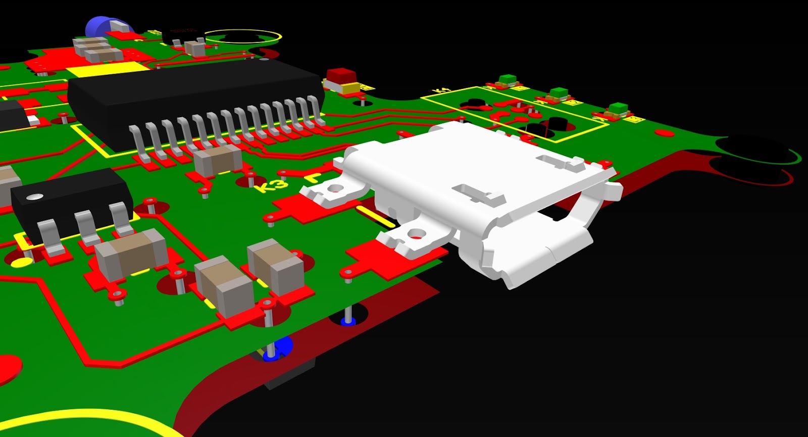 Three side-by-side images of a PCB in 2D layout mode, 3D layout mode, and high quality render mode