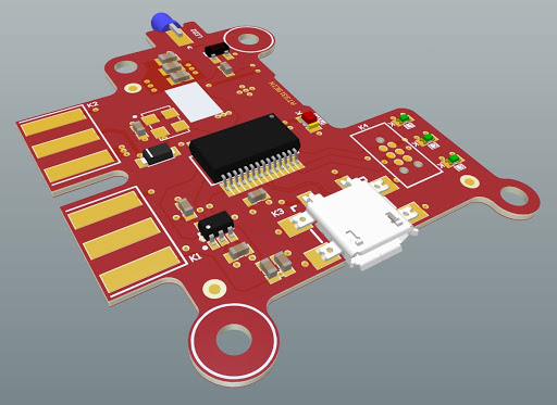 Three side-by-side images of a PCB in 2D layout mode, 3D layout mode, and high quality render mode