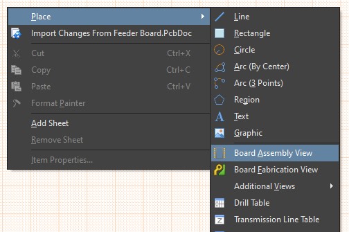 Board Assembly Viewが選択されたAltium DesignerのPlaceメニュー。