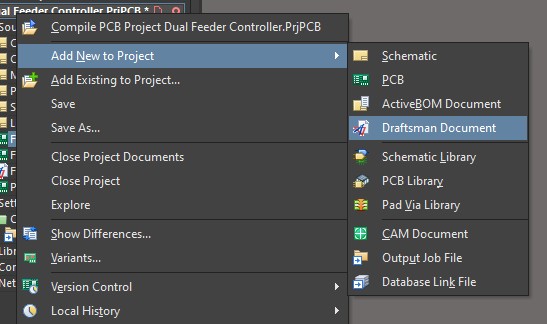 Altium designer “Add New to Project” menu showing the option to add draftsman documents.