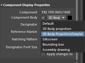 Altium DesignerのDraftsmanドキュメントのComponent Display Propertiesウィンドウ。Component Bodyメニューが開いています。