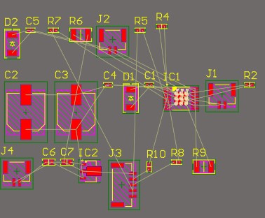 PCB layout of the motor driver showing surface mounted components with no traces joining them.