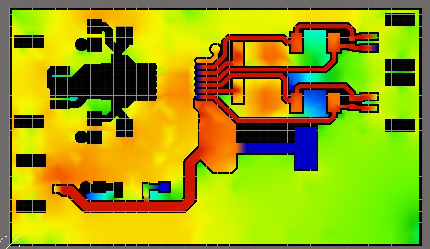 Screenshot of PDN Analyzer showing copper layer with hotter colors representing higher current densities and cooler colors representing lower ones