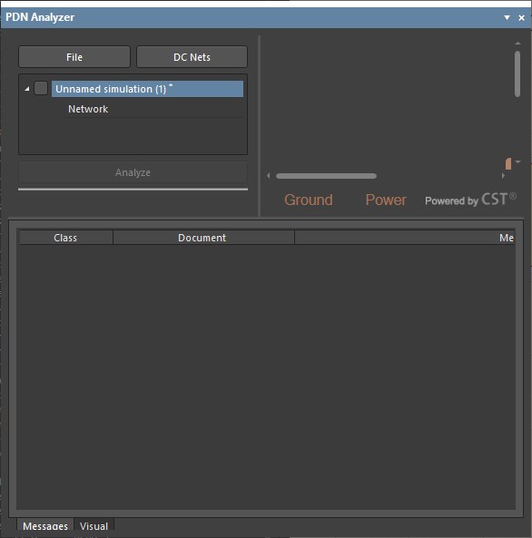 PDN Analyzer window showing an unnamed simulation with a single network inside it. The DC Nets button is located at the top left side of the window.