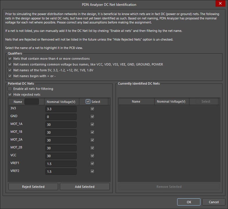 PDN Analyzer DC Net Identification window showing potential DC nets and allowing you to set voltage levels for them.