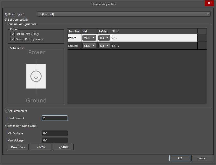 PDN Analyzer screenshot showing the device properties window with VRM (Linear) configured voltage regulator with 3.3V Vout parameter and terminal assignments set.