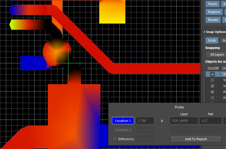 PDN Analyzer screenshot zoomed onto an area with extremely high current, and the probe tool used to figure out exactly how much current is passing there.