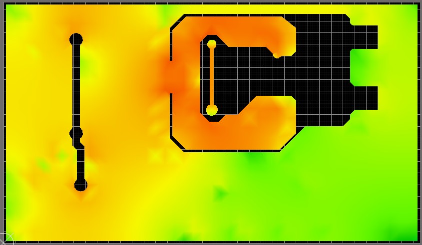 Altium PDN Analyzer screenshot of the bottom side of the board showing all current density measurements to be well within the specified range.