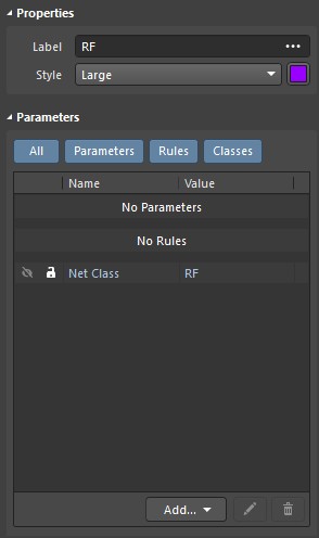 Altium Designer 20 screenshot showing the properties window with an added Net Class ‘RF’ directive to the RF network 