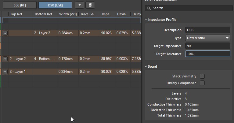 Altium Designer 20 screenshot showing the 90 ohm USB connection impedance profile 