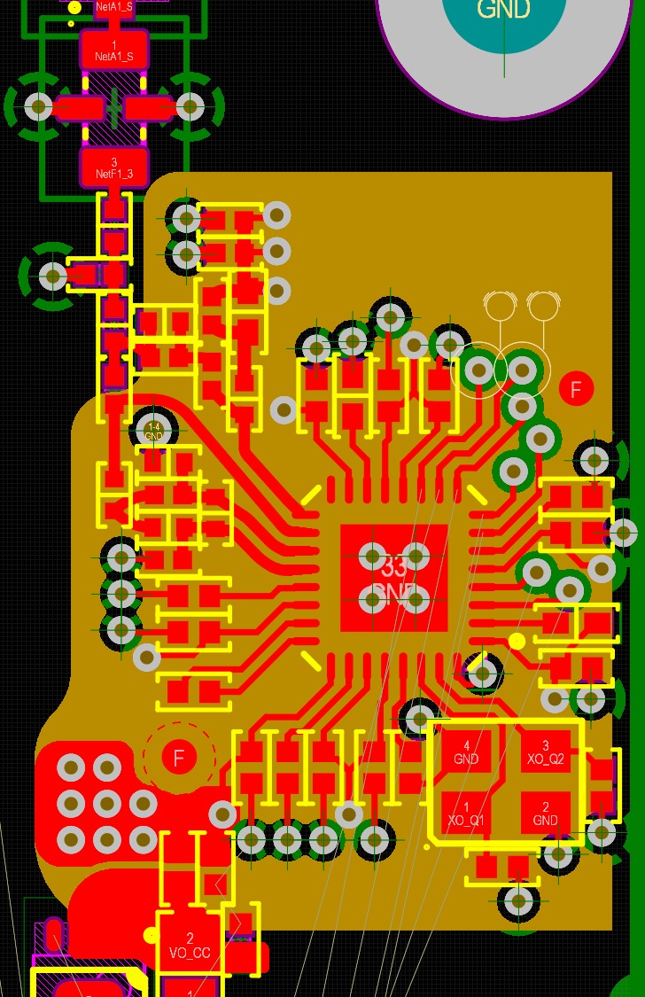 Altium Designer 20 screenshot of routed microcontroller with RF nets in interactive routing