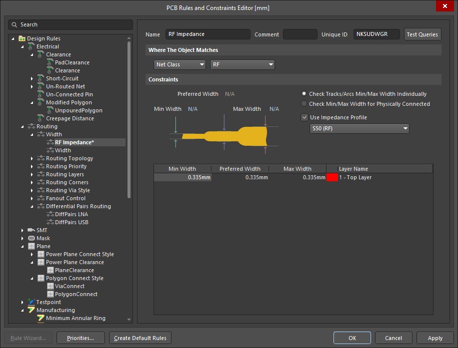 Altium Designer 20 screenshot showing the PCB Rules and Constraints window with the Routing > Width > RF Impedance tab selected