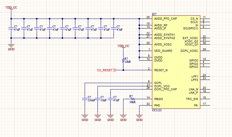 Schematic showing the CC1125 and its power connections