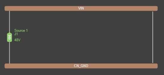 Altium PDN Analyzer simulation with VIN and CN_GND voltage levels, and a 48V source J1 between them