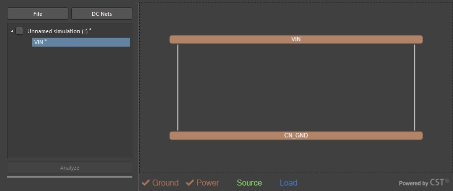 Altium PDN Analyzer containing one simulation with VIN and CN_GND voltage levels